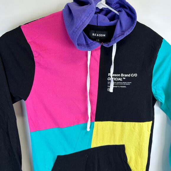 Reason Long Sleeve Neon Colorblock Hooded T Shirt Mens Size Medium Retro - Picture 7 of 13